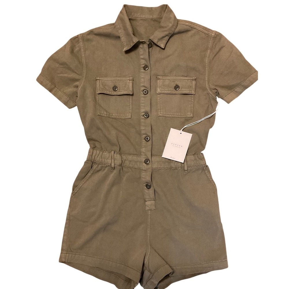 KanCan Khaki Romper Olive Green Button Front Short Sleeve Pocketed Small NWT